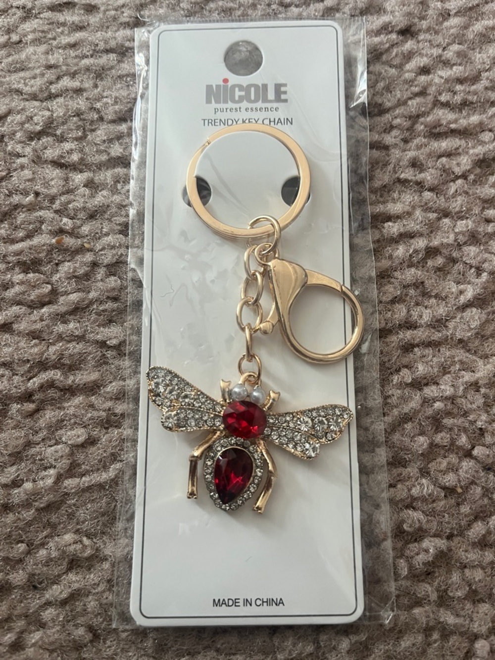 Nicole Gold Bee Keychain with Red and Clear Crystals